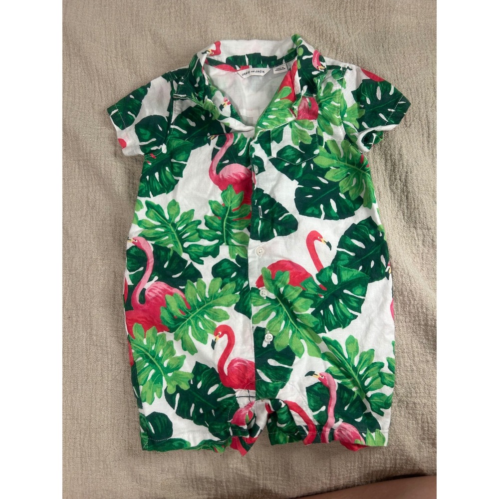 Janie and Jack Baby Tropical Flamingo Monstera Leaf Romper 12-18 Months Linen‎